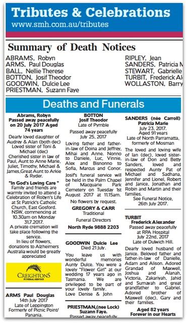 Publish a Notice in The Sydney Morning Herald Newspaper ;. . Death notices sydney morning herald today